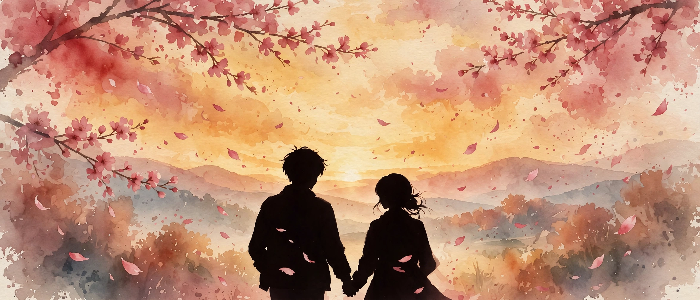 水彩画：樱花树下，一对恋人牵手望向远山与晚霞